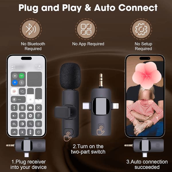 Trådløs Lavalier Mikrofon til iPhone/Android Telefon/Kamera/Laptop