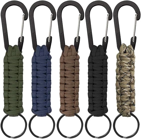 5-pak Paracord nøglering med karabinhage, flettet snor til nøgle