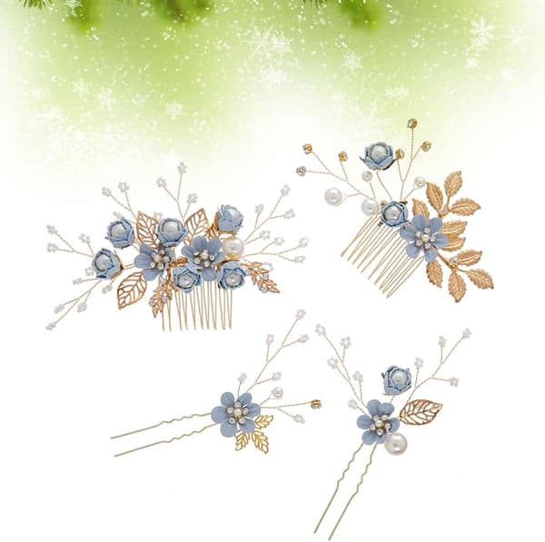 4 stk bryllupshårkam håndlaget brudekjole hårspenne perle blomsterblad hårtilbehør for kvinner bryllup (blå)