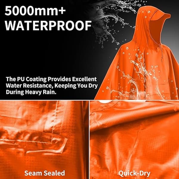 Regnrock - Poncho - lättvikt - med huva - för vandring, camping, utomhus - orange