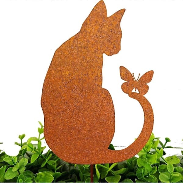 Rusten Kat Havepynt til Blomsterkrukke, Naturlig Rustpatina, Retro Blomsterhavepynt til Havesterrasse Balkon
