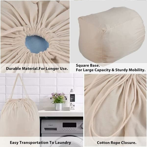 Vasketøjspose med snøre, foldbar, vaskbar, genanvendelig, beige