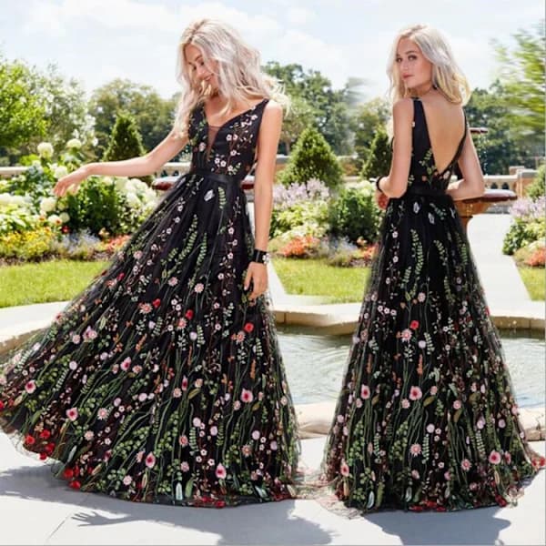【xj】Broderte maxikjole kvinner sexy dyp V-hals blomstret Boho ryggløs