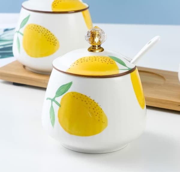Keramisk sukkerskål citron krydderikrukke opbevaring med låg og ske, 10oz -