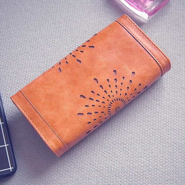Ruskea pitkä retro ontto lompakko naisille, 10cm × 19cm × 4cm