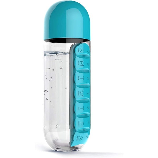 Vattenflaska med pillerhållare, bärbart insatt pillerfodral-blå