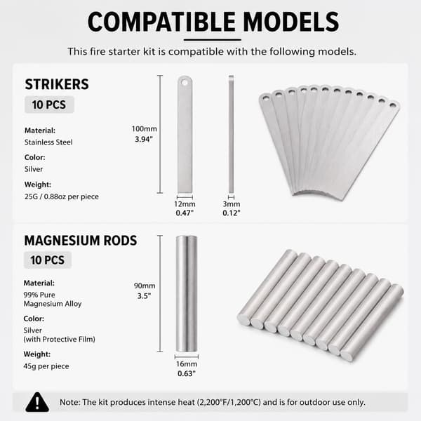 10 STK Ferro Rod Striker + 99% Rene Magnesium Ildstarterstænger Sæt -