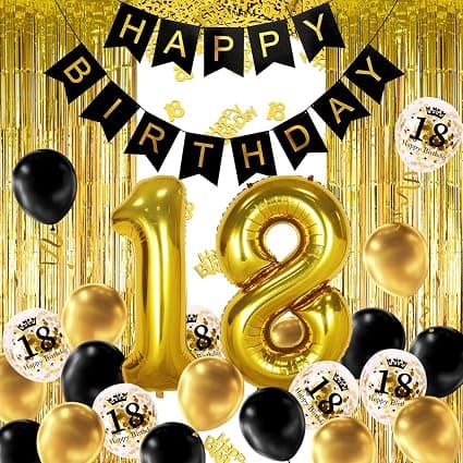 18 år svart gull bursdagsdekorasjon, gratulerer med dagen banner, h