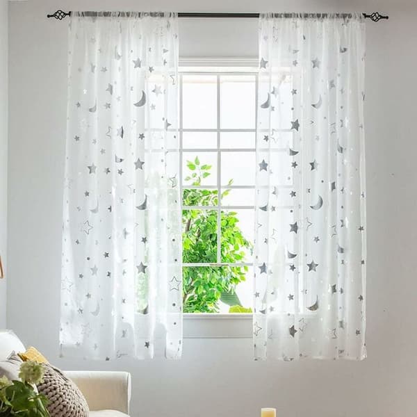 1m Lange Halvtransparente Vindusgardiner for Jenterom Soverom Søtt Måne- og Stjernemønster Stoff Halvtransparente Gardiner 2 Paneler 1m x 1.3m