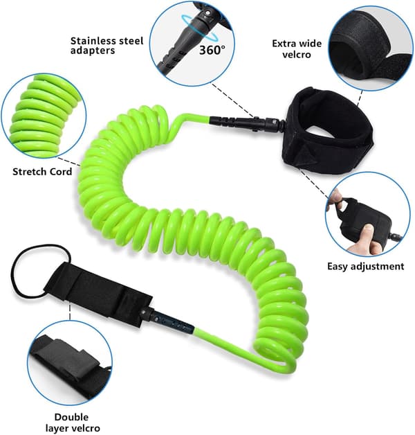 10ft Surfboard Leash 7MM, Retractable SUP Leash, Surfing Foot Strap for Longboards, Inflatable Paddle Board, Kayak Green Green