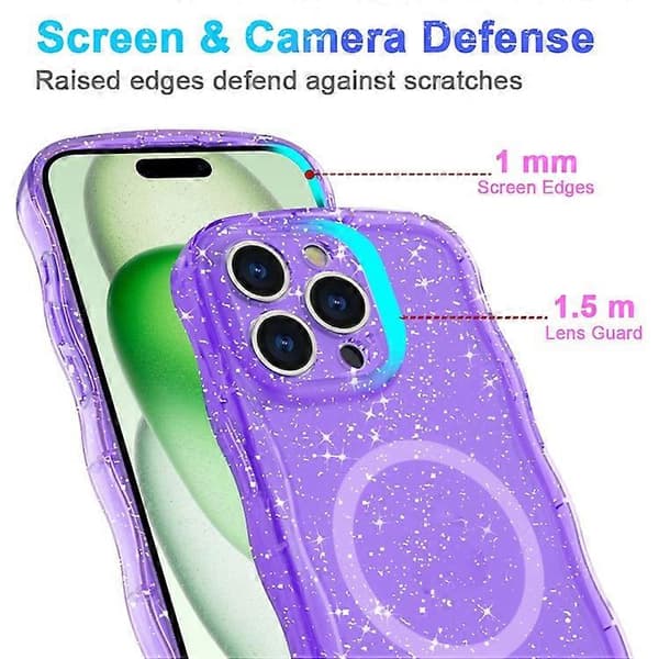 Kompatibelt magnetisk deksel til iPhone 15 Pro Max, bølgeformet kant, glitter TPU-bakside Rosa Pink