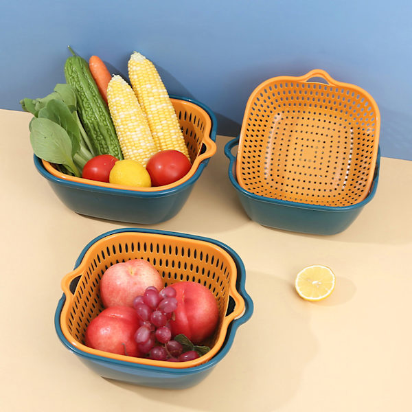 Vegetable Washing Basket Double Layer Drains Quickly Hanging Multifunctional Fruit Strainer with Side Handle for Kitchen L Blue Yellow