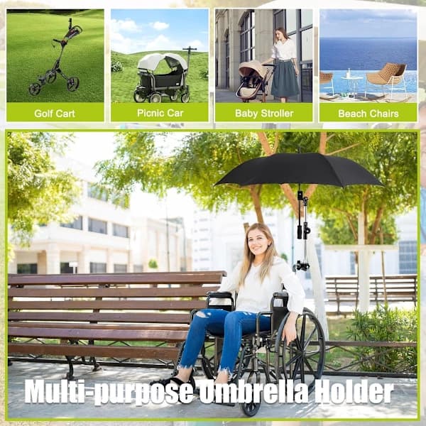 Paraplyholder til kørestol, 180° justerbar ABS og rustfrit stål klemmebeslag til barnevogn cykel strandstol, sort