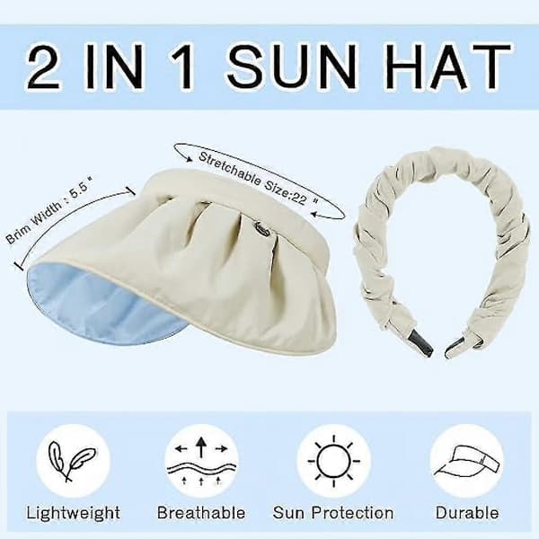Mike Sun Visor for Women, UV Protection Wide Brim Packable Summer Hat Beach Hat Foldable Shell Hat Roll-up Hairband (black)