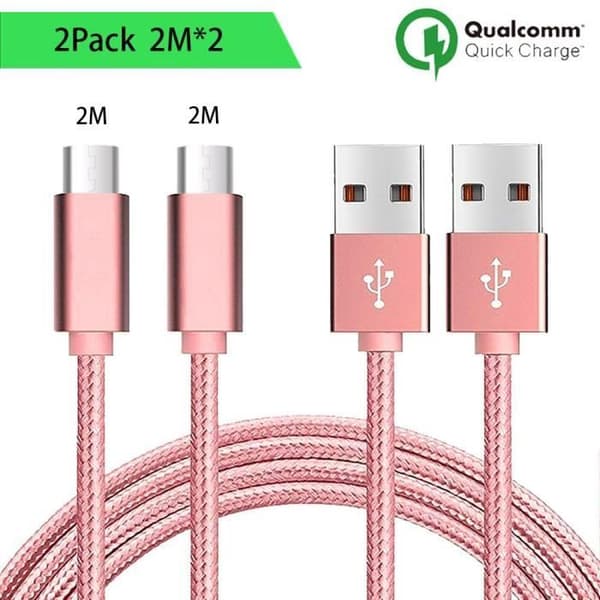 Micro USB-kaapeli, 2 kpl, 2M - Vaaleanpunainen nylon