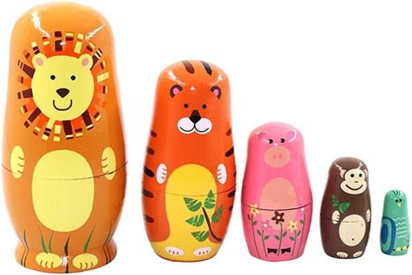 Rysk Matryoshka Tecknad Trä Djur Nesting Dockor Lejon Tiger