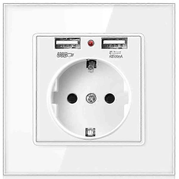 Europeisk 230V 16A stikkontakt + 2 x 5V 2.1A USB-lader, glasspanel, hvit fransk plugg