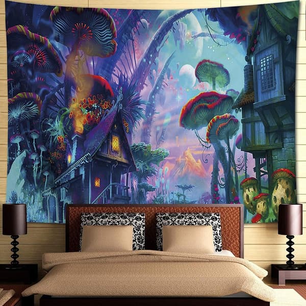 (150x200cm) Psychedelic Forest Tapestry Wall Hanging Mushroom Village