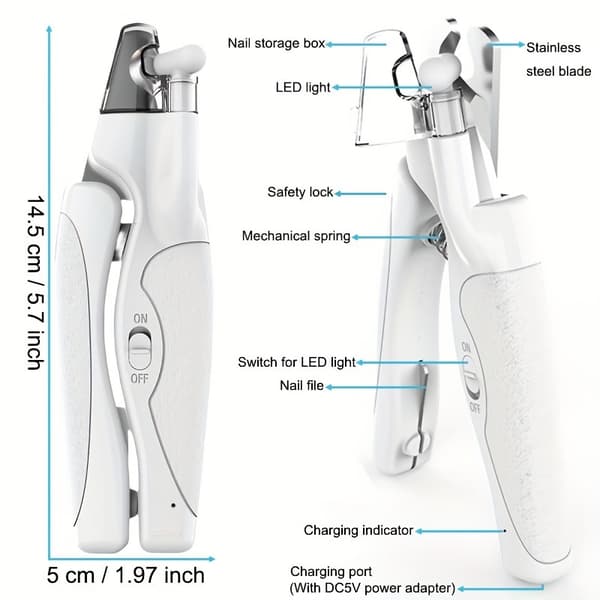 LED Nail Clippers for Cats and Dogs USB Charging with File Anti-Nail Splinter Scissors