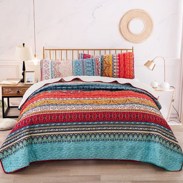 Boheme Quiltet Sengetæppe Dobbelt 3 Dele Patchwork Sengetæppe Vendbart Tæppe Blødt Mikrofiber Sengetøj 220 240 cm