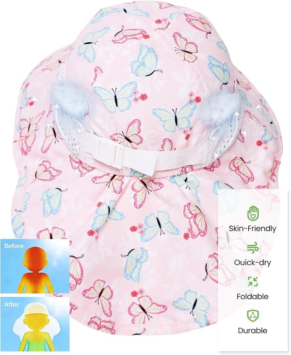 Solhatt for barn UPF 50+ med bred brem og nakkeklaff for gutter jenter småbarn rosa sommerfugl 2-7 år 2-7 Years Pink Butterfly