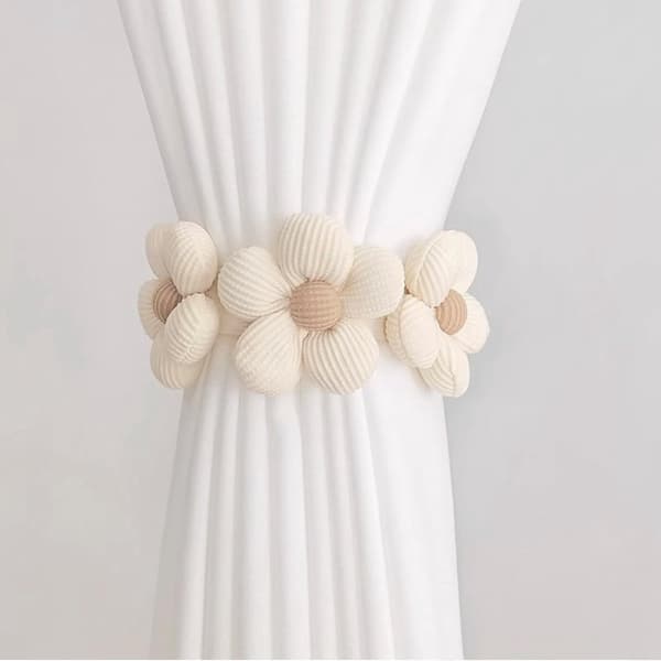 Sæt med 2 strikkede gardinholdere - Tylsløjfer med blomstermønster - Håndlavede elastiske sløjfer, uden huller - Beige