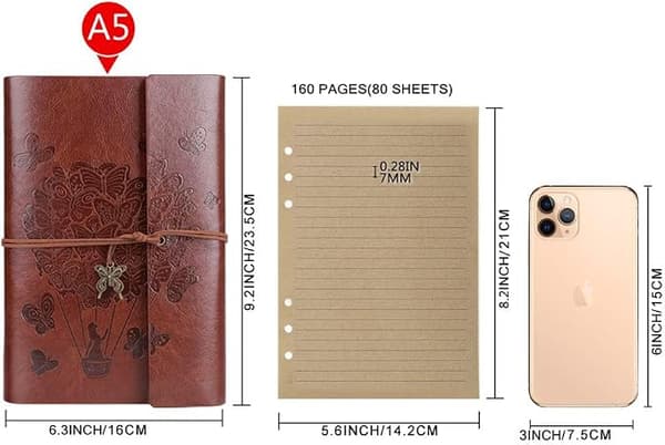 #A5 (Brown) Leather Notebook - Leather Travel Journal with Spiral Bound and Lined Paper Classic Retro Embossed Pendant#