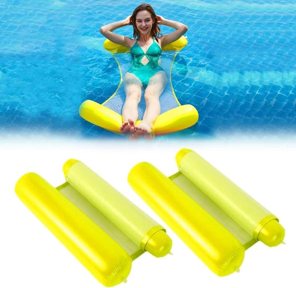 Set med 2 gula hopfällbara poolbäddar för vuxna och barn.