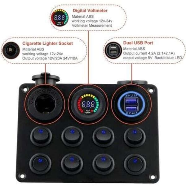 Vanntett 12 V vanntett bryterpanel med 8 blå LED-vippebrytere, med dobbel USB-lader, for båt, bil, bobil