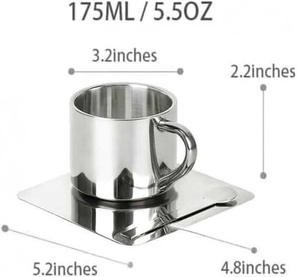 Tekoppsett i rustfritt stål, tekopp kaffekrus med skål og skje, 5,5 oz