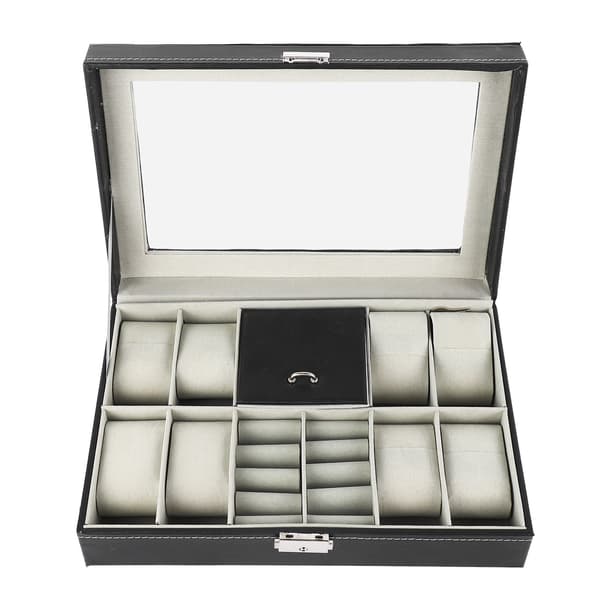 Watch Jewelry Box 8 Compartments Watch Box Case 2 Compartments Ring Lockable PU Leather Watch Storage Box with Glass Lid
