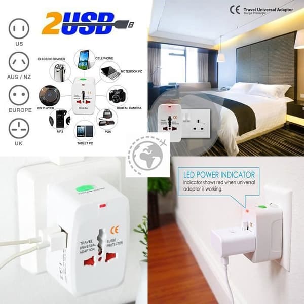 Travel Adapter - ZISONIX - Universal - 2 USB Ports - Compatible with 150 Countries - US/EU/UK/AU[DB]