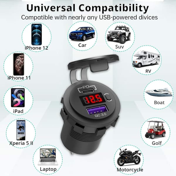 12V USB C-bilopladerstik, Ouffun Dual PD & QC 3.0-porte