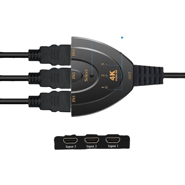 #3-port HDMI Switch with Pigtail Cable Compatible with Full HD 4K @30Hz Video 3 in 1 out#