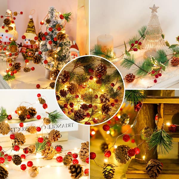 Christmas Tree Light Garland with Pine Cone Red Berry Bell, LED Christmas