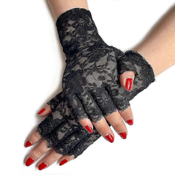 Sorte blondehandsker Dame Halvfinger Blondehandsker UV-beskyttelse til Maskerade (2 par)