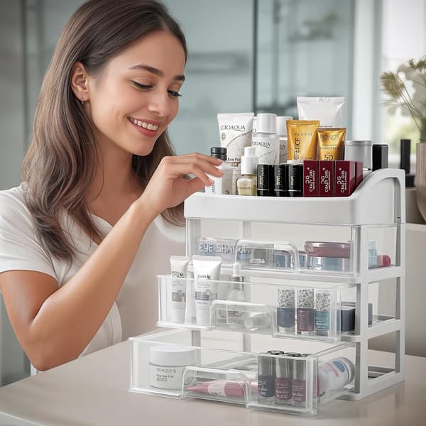 Makeupopbevaring med skuffer - Makeup- og kosmetikopbevaring til badeværelset - Opbevaring til sminkebord - Opbevaringsboks med 3 skuffer