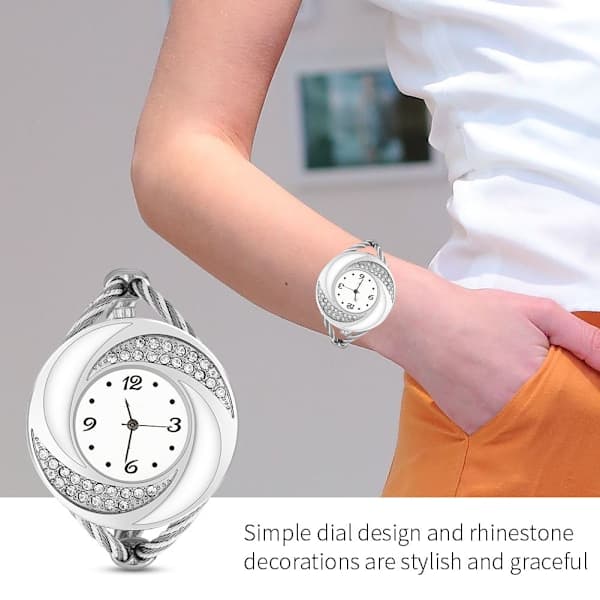 Geekthink Rhinestone Quartz Analog Watch Open Bangle Alloy Case Wristwatch Silver White