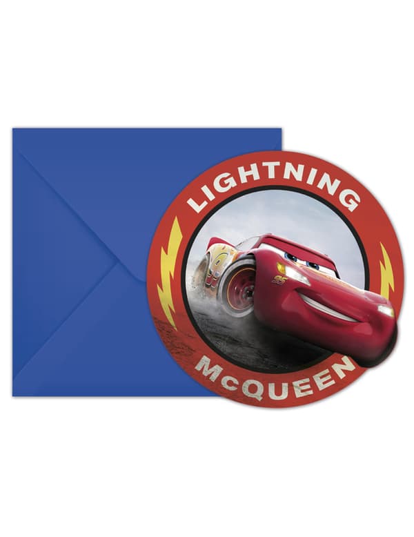 6 invitasjonskort med Cars 3-konvolutter