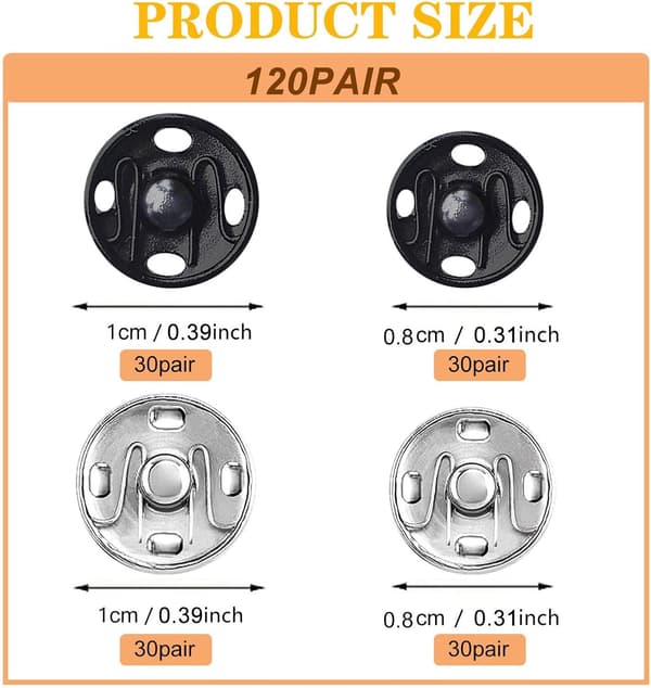 Syknapper, 120 sæt 8 mm og 10 mm, Sorte og Sølvfarvede, Påsybare Trykknapper Metalknapper Trykknapper