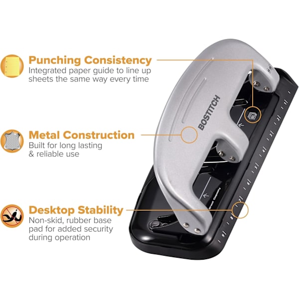 3-Hole Punch, 20 Sheet Capacity, Reduced Effort, Jam-Free Technology, Silver
