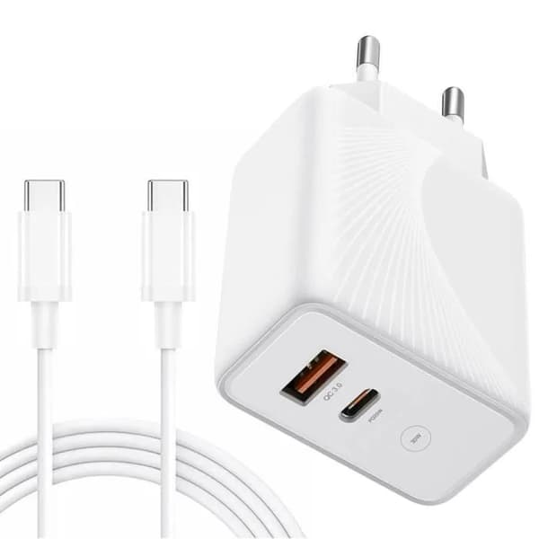 Rask lader 30W - E.F.CONNECTION - 2 porter - USB-C-kabel 20W - Kompatibel med iPhone 17/16 Vit Vit