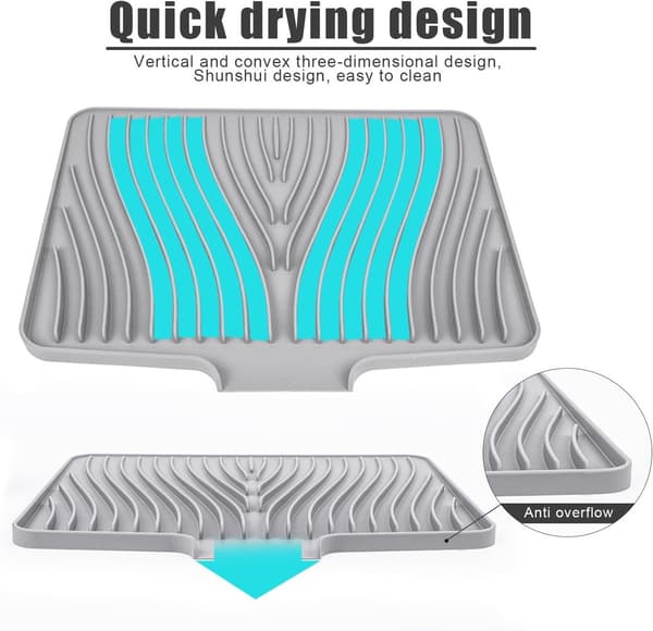 Drainage Mat - 40x33 cm Silicone Drying Mat, Non-Slip, Foldable, Heat Resistant - Kitchen Bar Mat - Grey