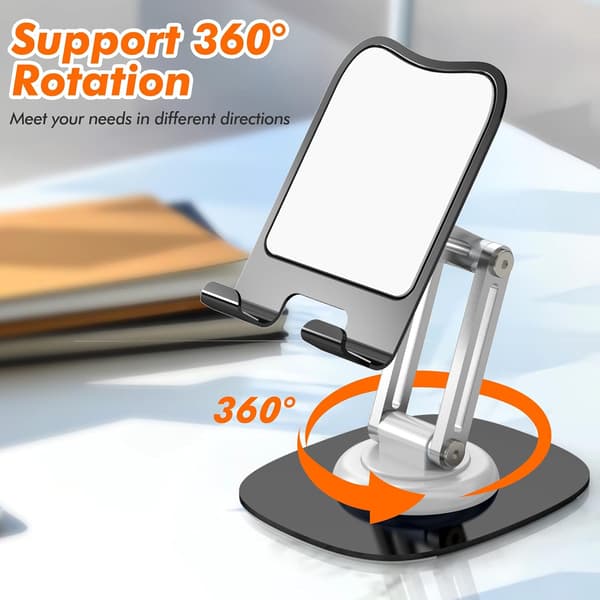 Phone Desk Stand with 360 Degree Rotating Metal Base, Foldable Portable Stand, Compatible with