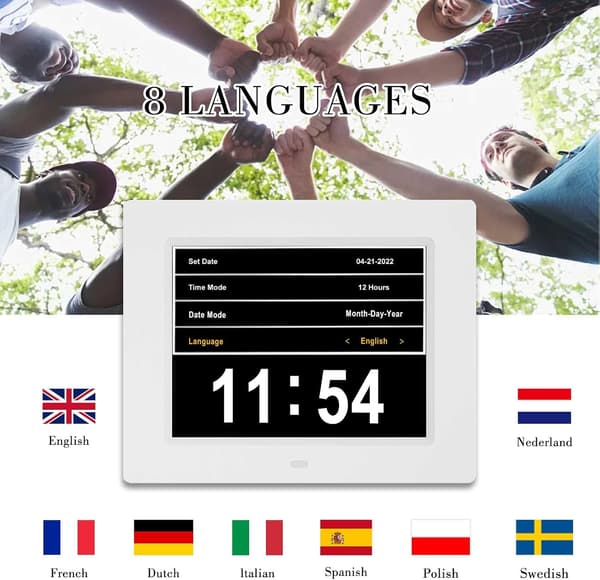 Digital kalender, datovisning, 8 alarmmoduser Ekstra stor digital ukedag demensklokke, perfekt for eldre, hvit-FA10-