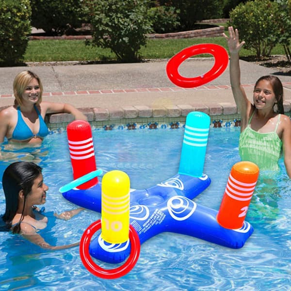 Inflatable Pool Ring Toss Game Pool Floats Toys Game Set with 4 Hoops and Air Pump Water Entertainment Interactive Game