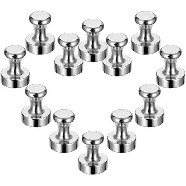 Neodymium Refrigerator Magnets, Strong Push Pin Magnets for Whiteboard, Office Bulletin Board, Kitchen Map, Silver 12-Pack 12x16mm