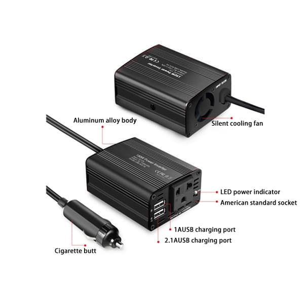 150W Bilstrømomformer DC 12V til 220V AC-omformer med dobbel USB billader EU