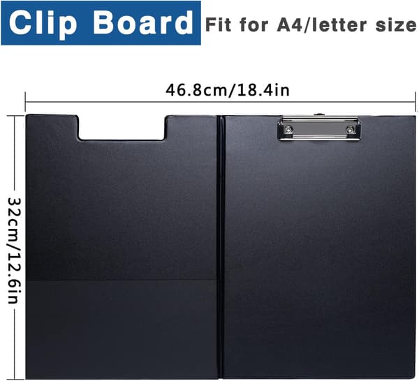 (5-pack) A4 Clipboard with Clip and Hanging Hole, Foldable Clipboard with Inner Pocket, Form Holder for Office, School (Black)