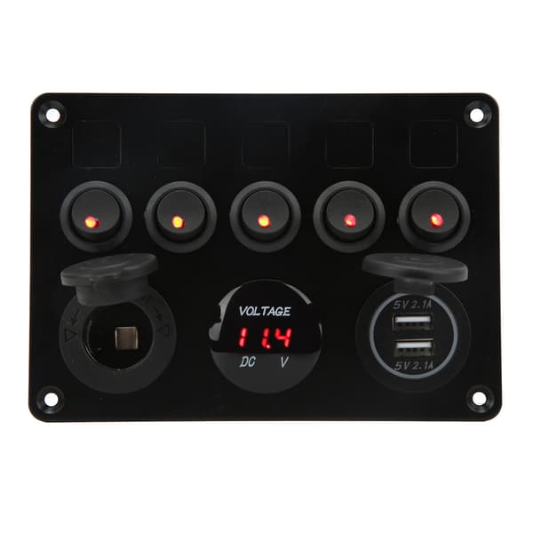 5-vejs afbryderpanel Vandtæt 12-24V LED-afbryderpanel med digital voltmeter Baggrundsbelyst til marinebåd Autocamper Trailer Lastbil Rød
